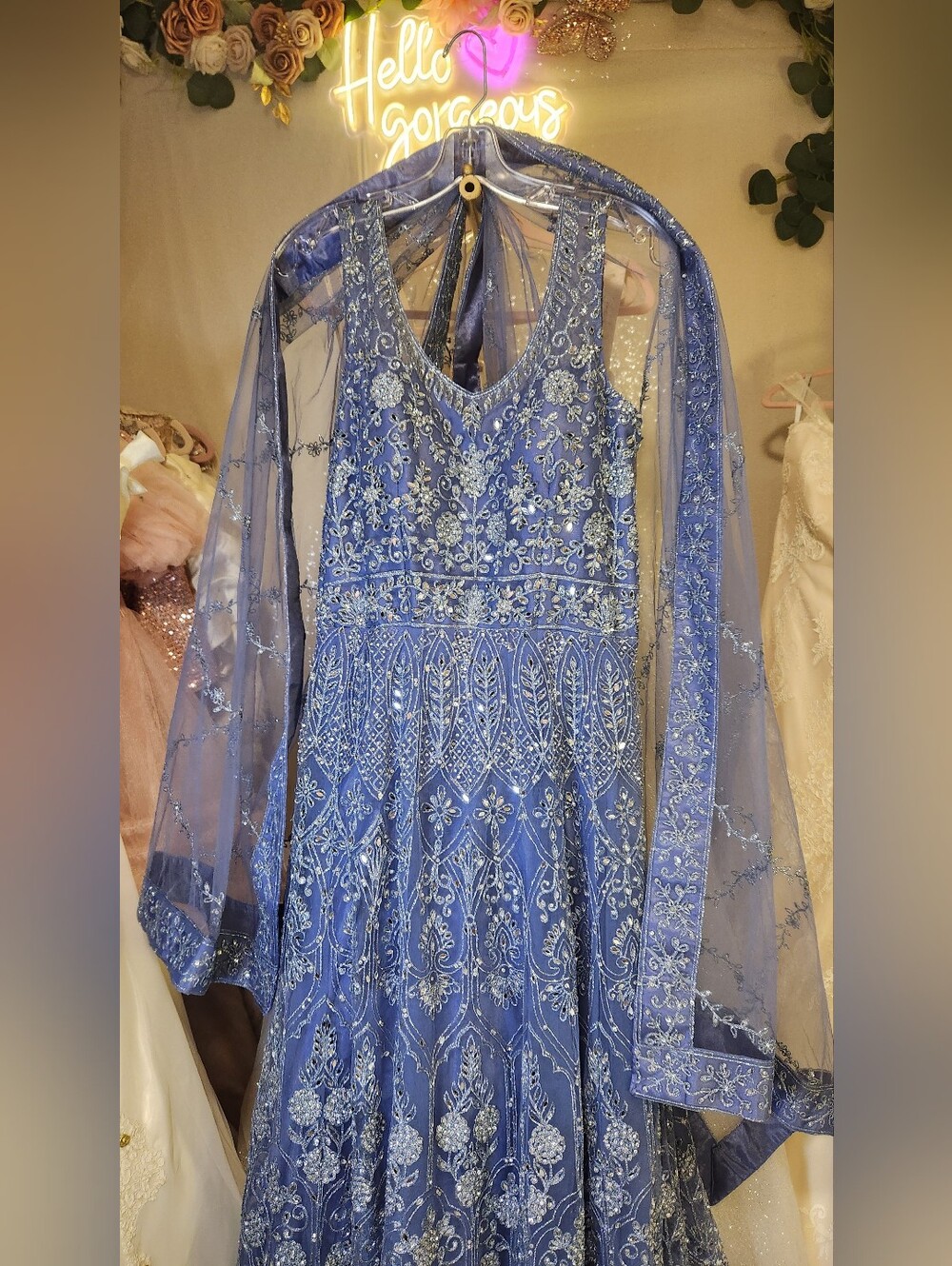 Stunning Luxe Periwinkle Sparkly Mirrored Anarkali Gown & Dupatta Set - Picture 3 of 13